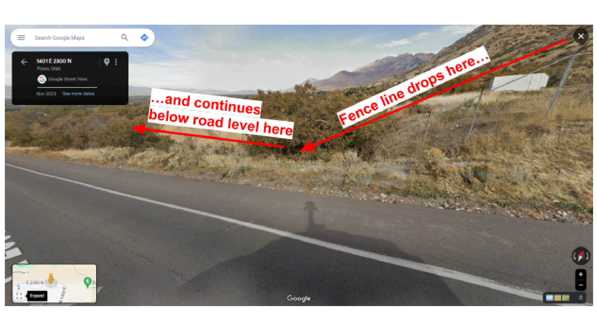 Annotated Google Street View of the Rock Canyon fault scarp