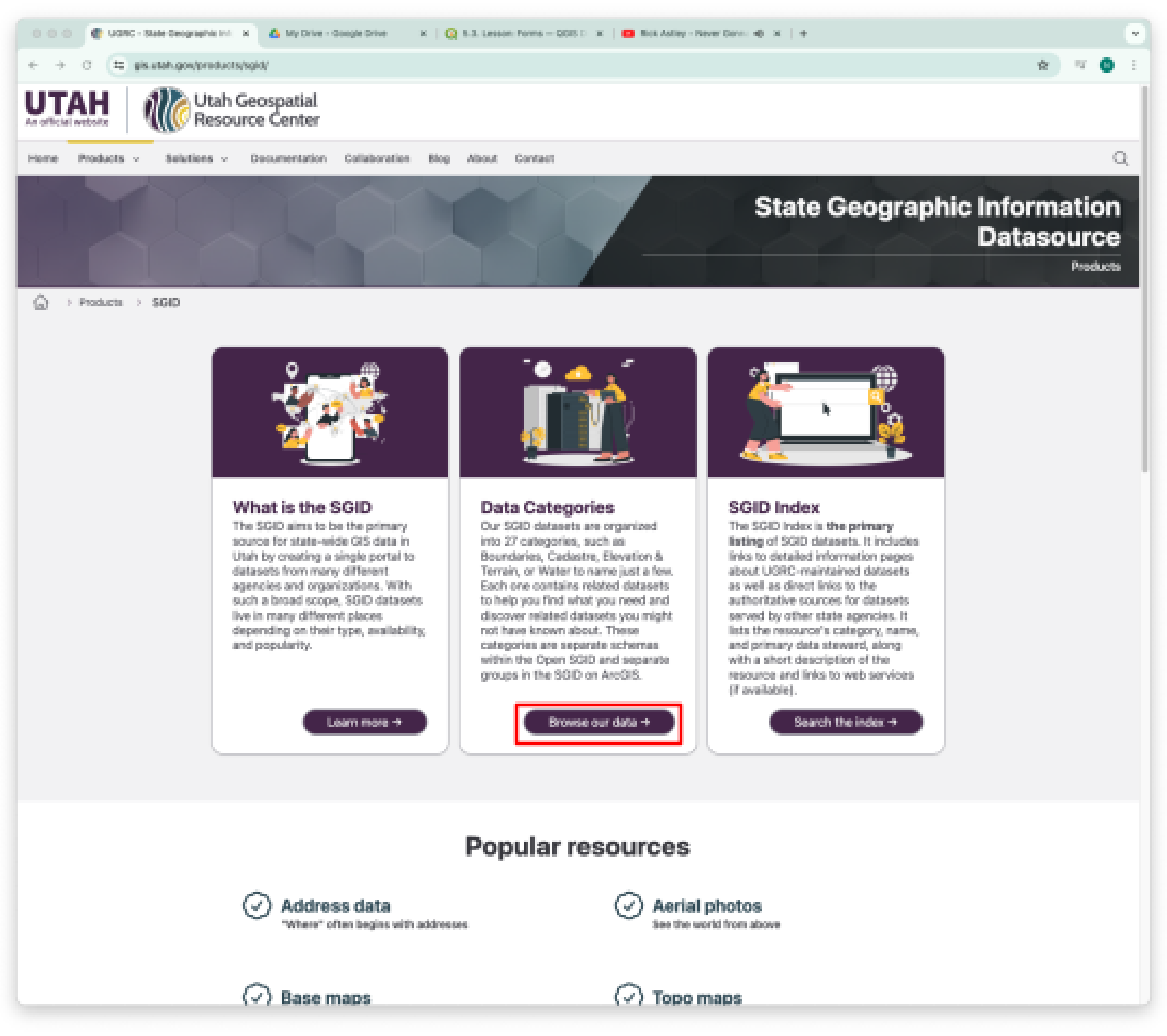 UGRC SGID page with Browse our data highlighted