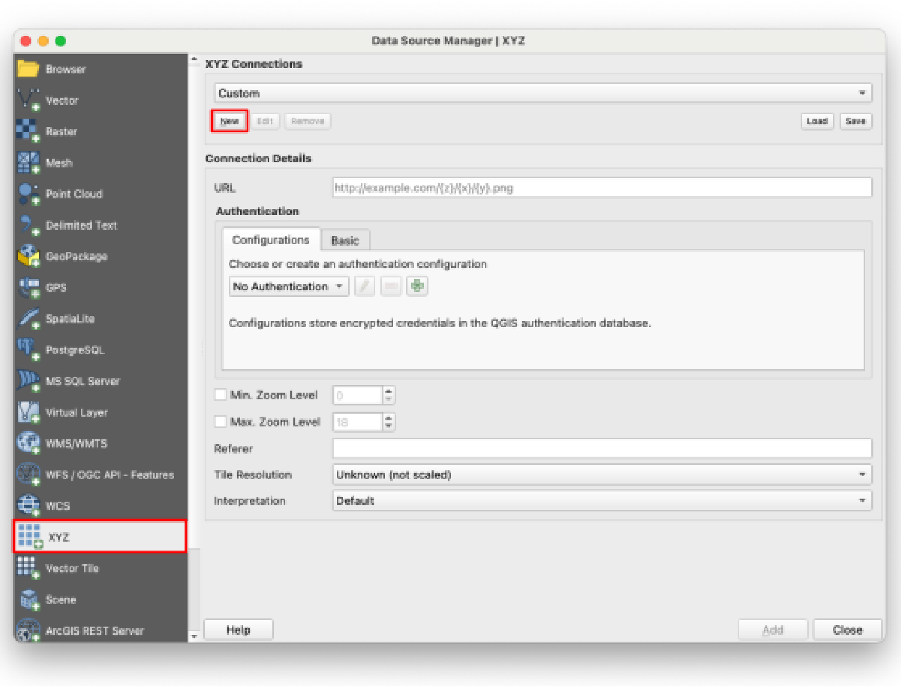 Data Source Manager XYZ tab