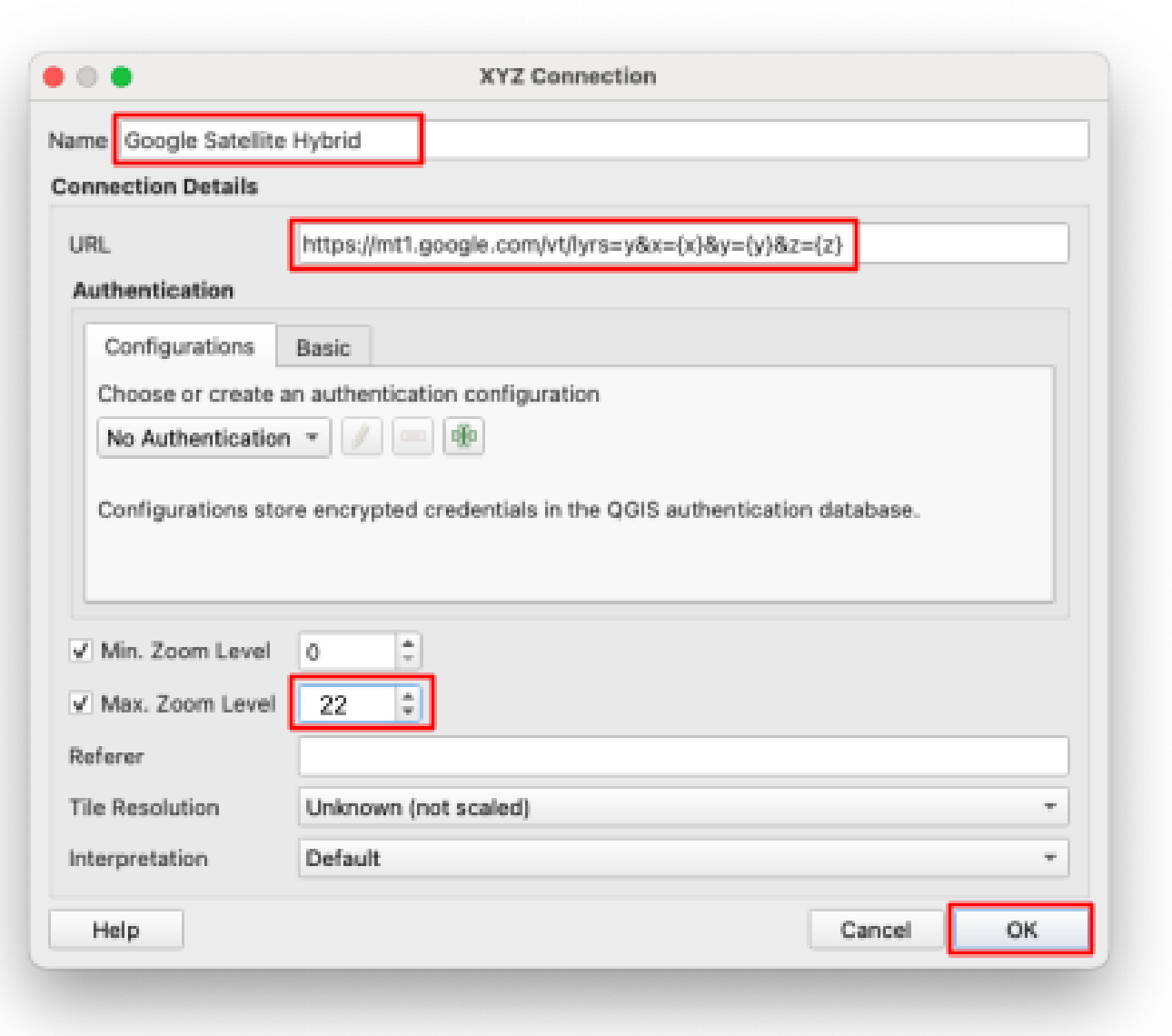 XYZ Connection dialog filled in