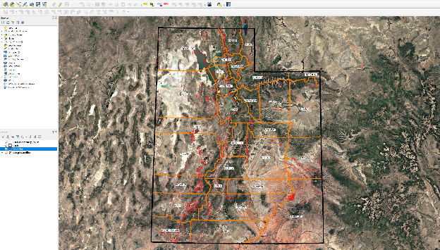 Example map: faults and counties over satellite imagery