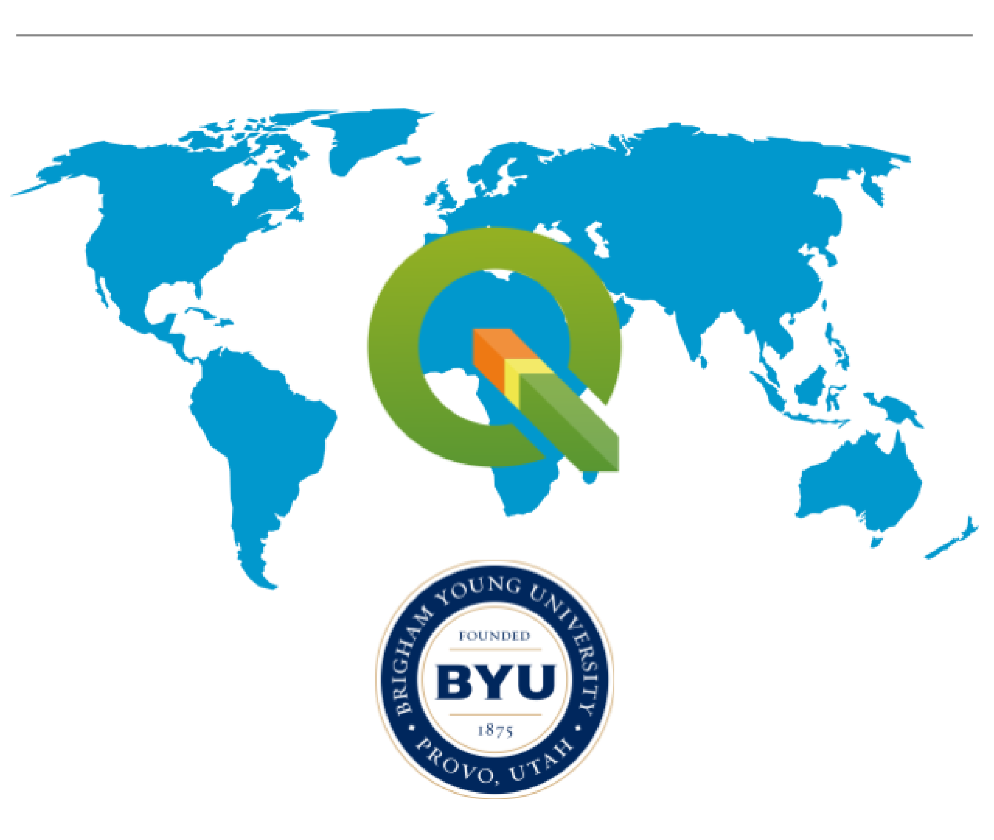World map with QGIS and BYU logos