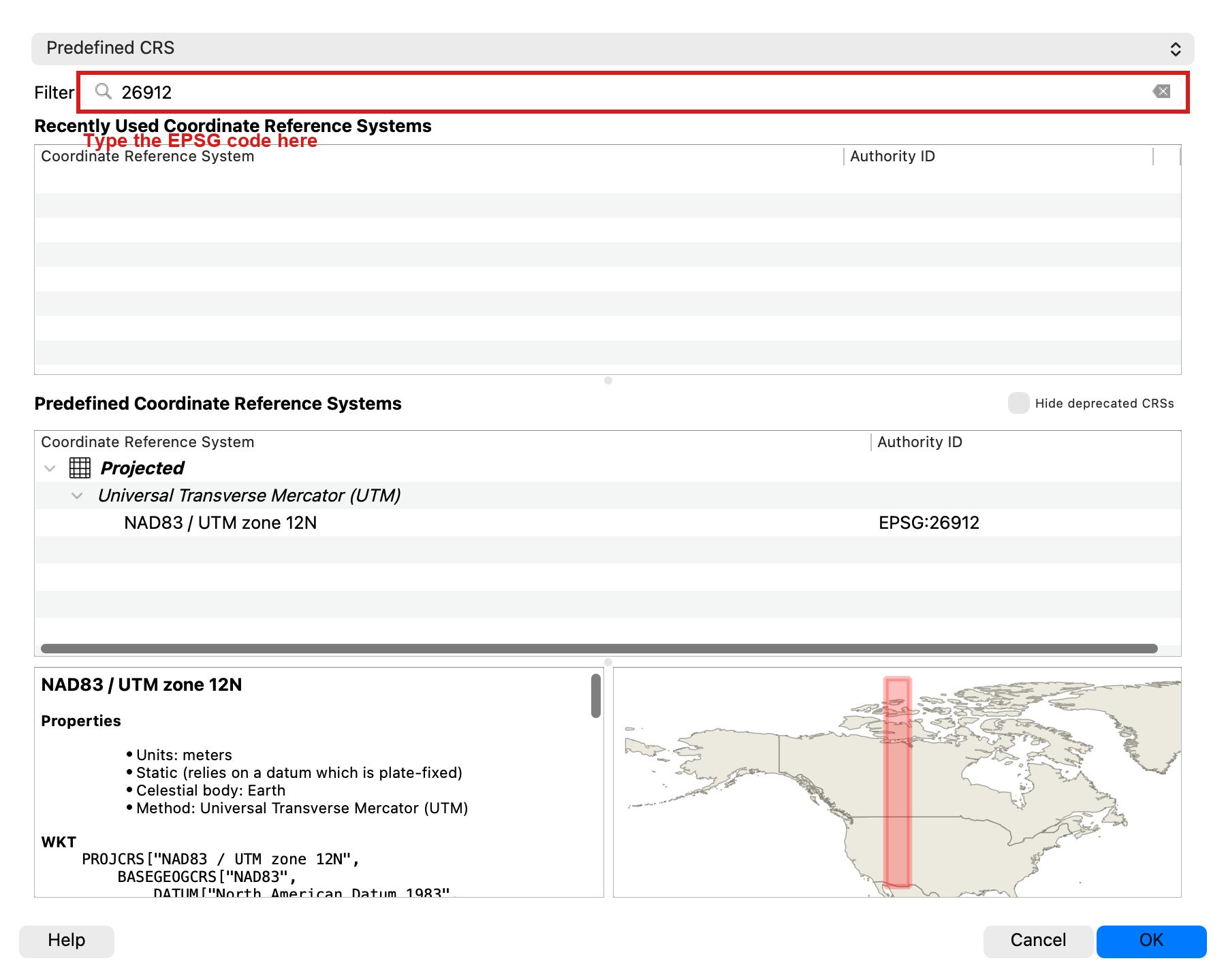 Project CRS dialog with 26912 typed into the Filter box and NAD83 / UTM zone 12N selected