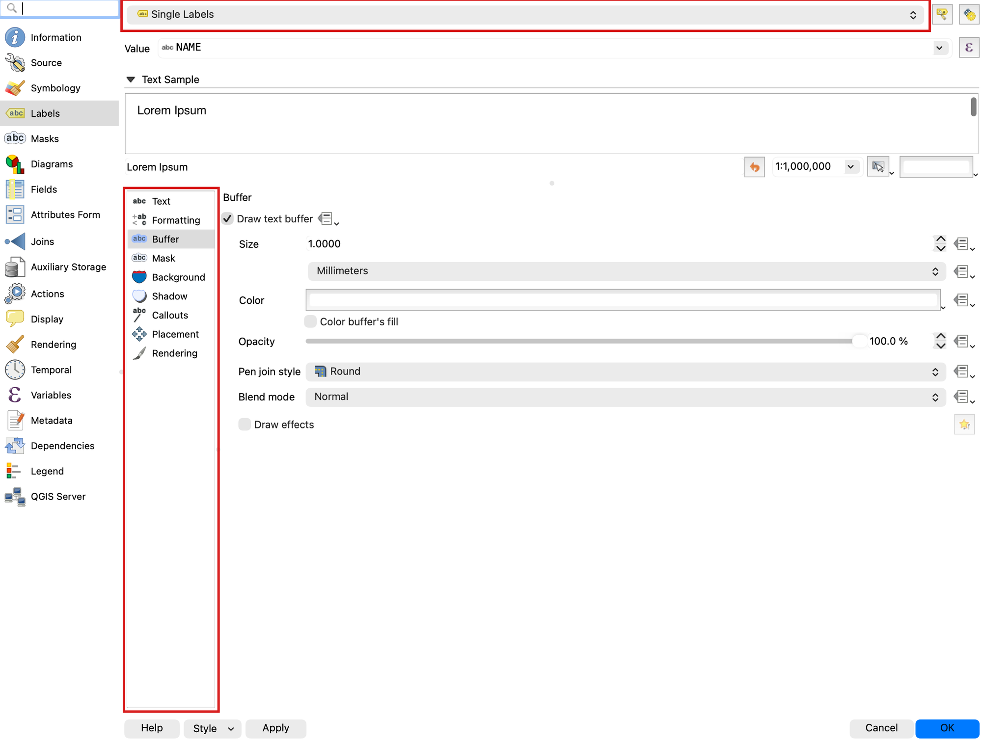 The Labels tab set to Single Labels on the NAME field, with the Buffer section in the left column