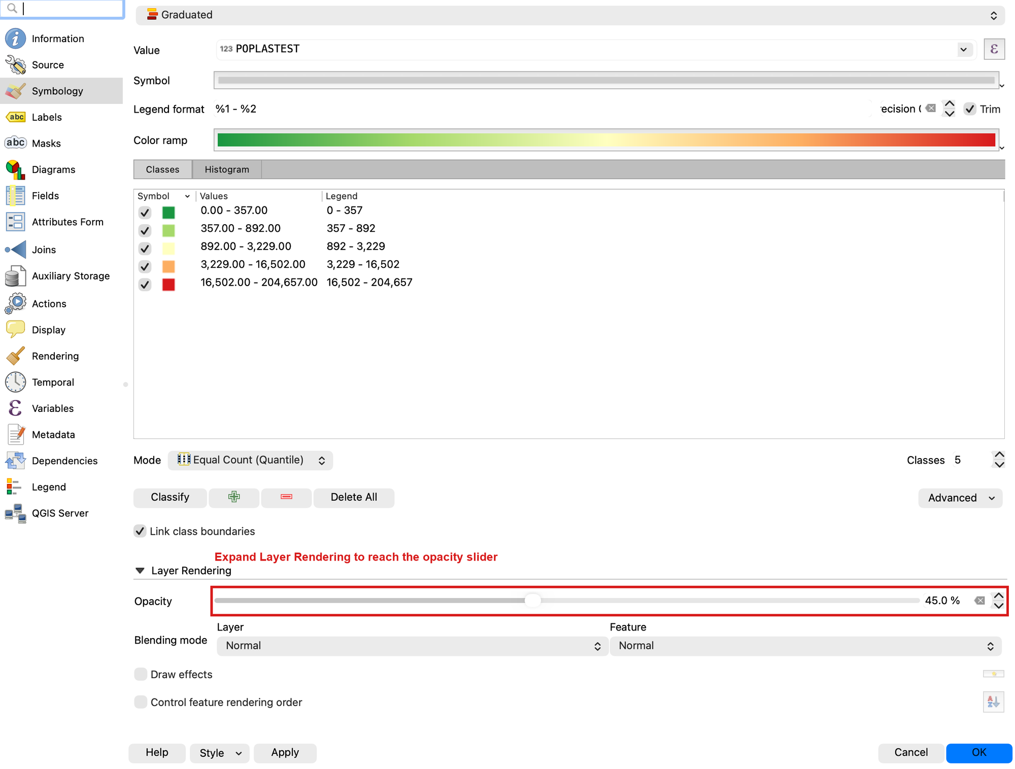 The Layer Rendering section expanded, showing the opacity slider set to 45 percent