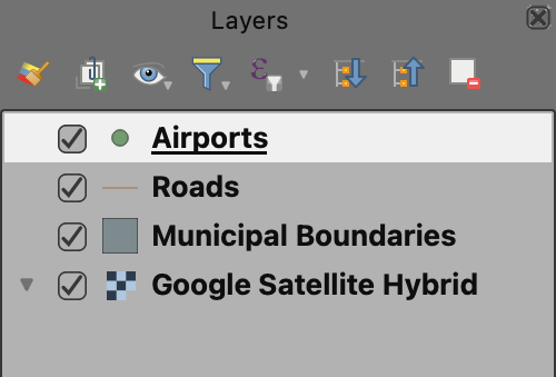 QGIS Layers Panel listing Airports, Roads, Municipal Boundaries, and Google Satellite Hybrid