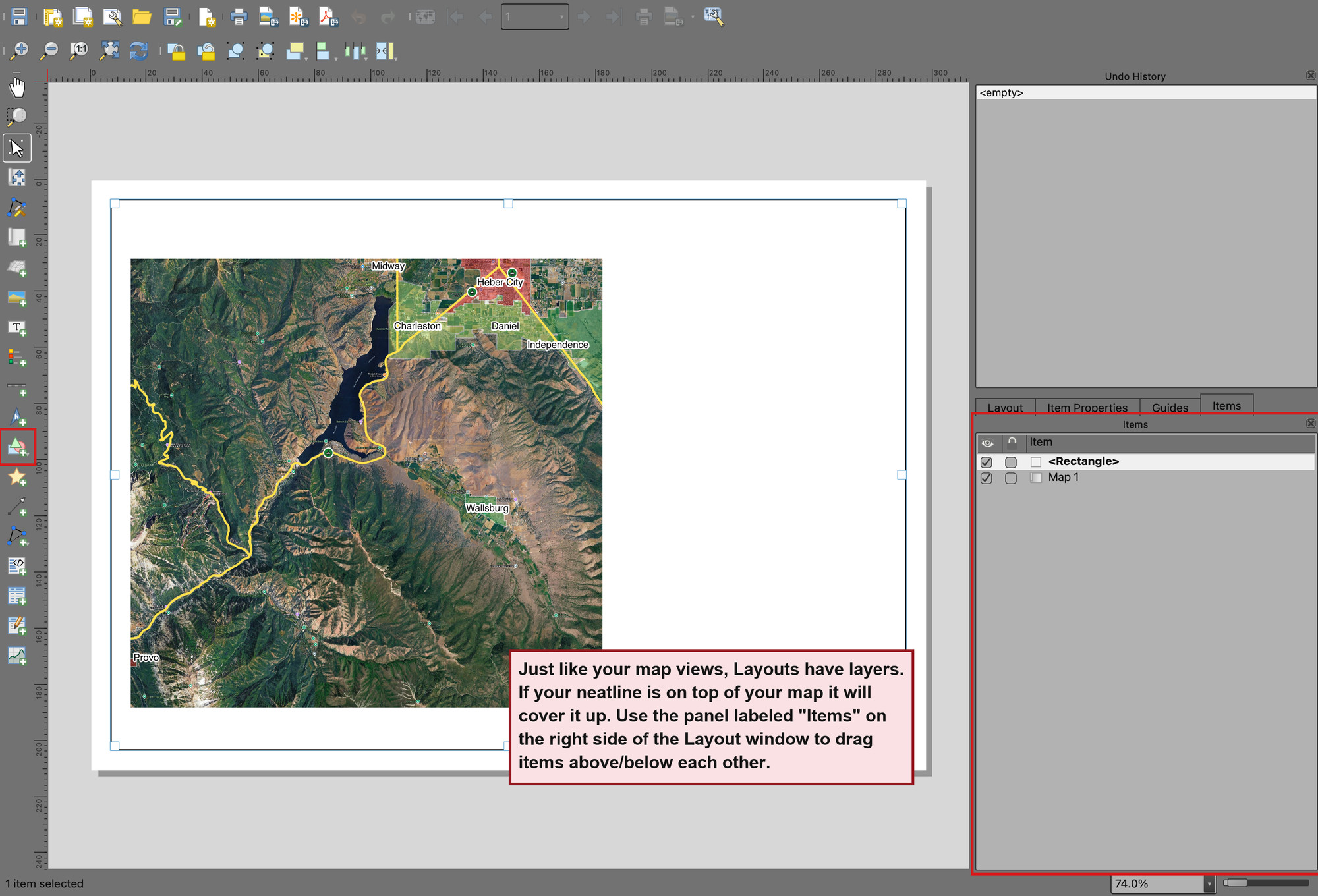 Print Layout window with a neatline rectangle drawn around the page and the Items panel listing it above the map