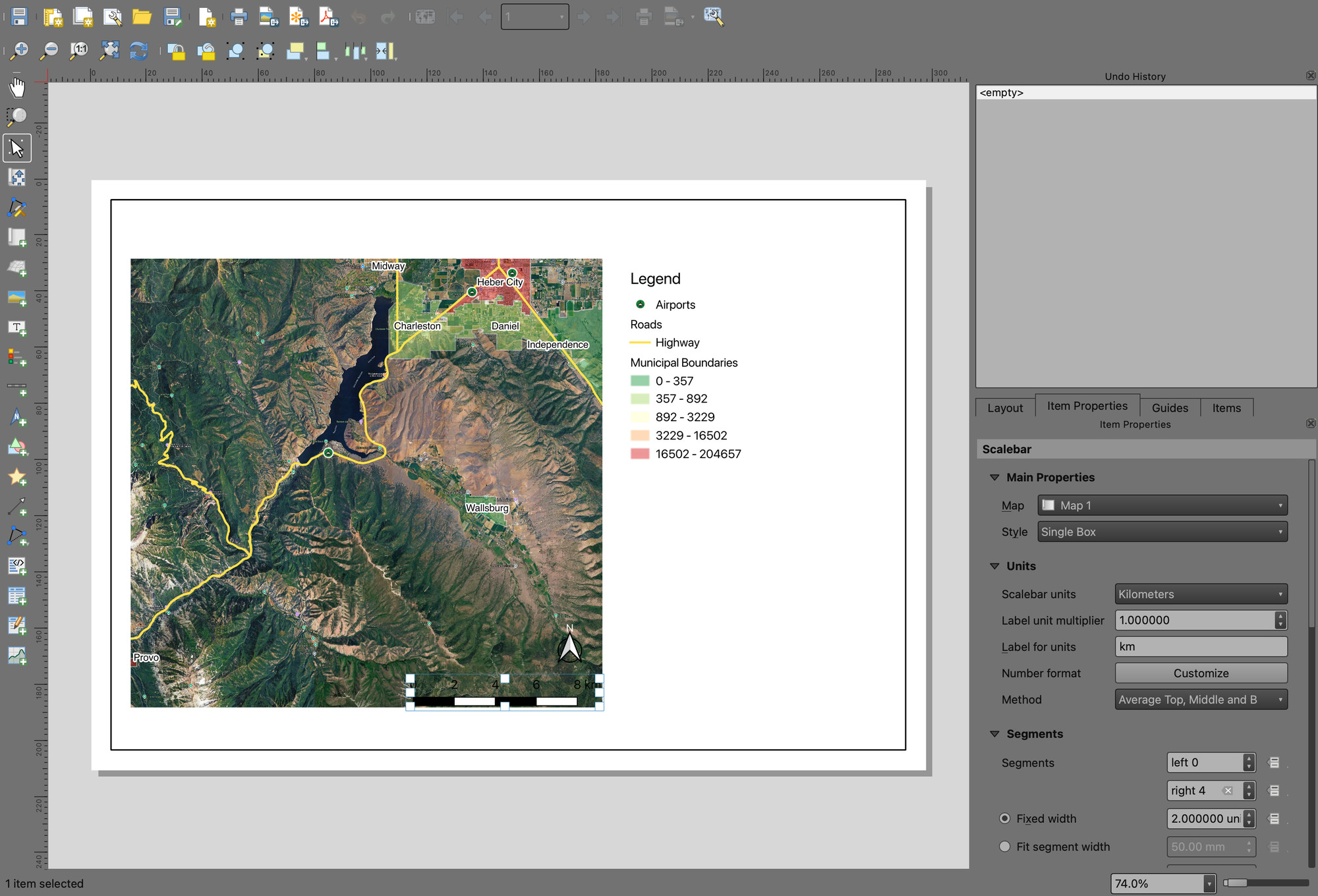 Print Layout with a north arrow and scale bar placed, and the scale bar's Item Properties panel open