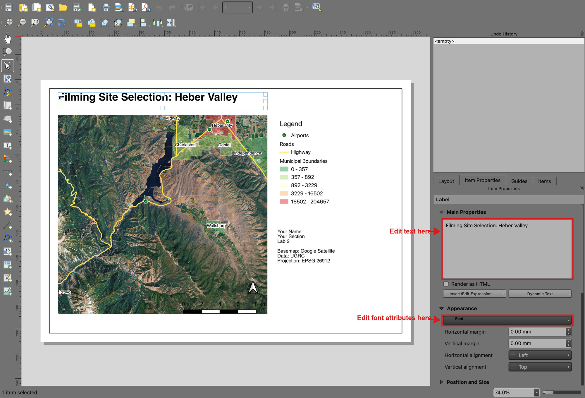 Title label selected in the layout, with the Item Properties panel showing the text box and the font button