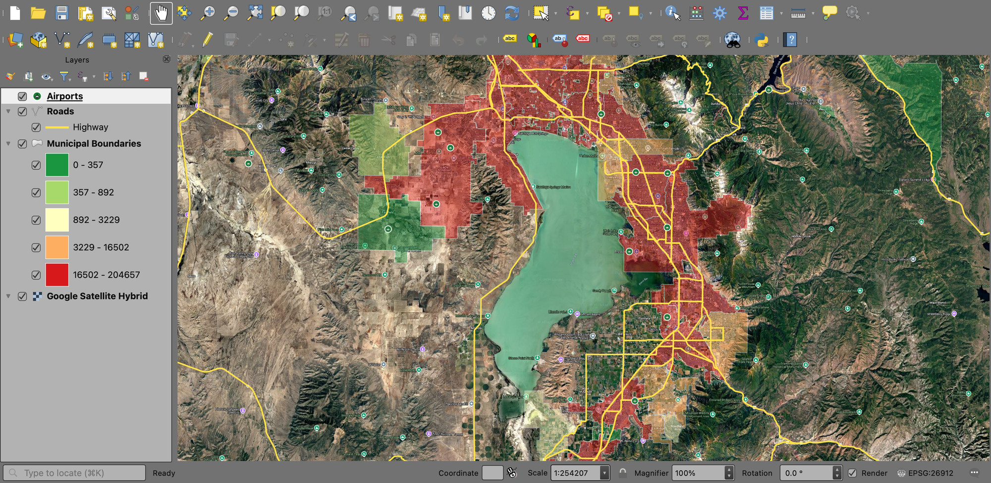 QGIS window showing highways, graduated city polygons, and airport markers over satellite imagery in Utah Valley
