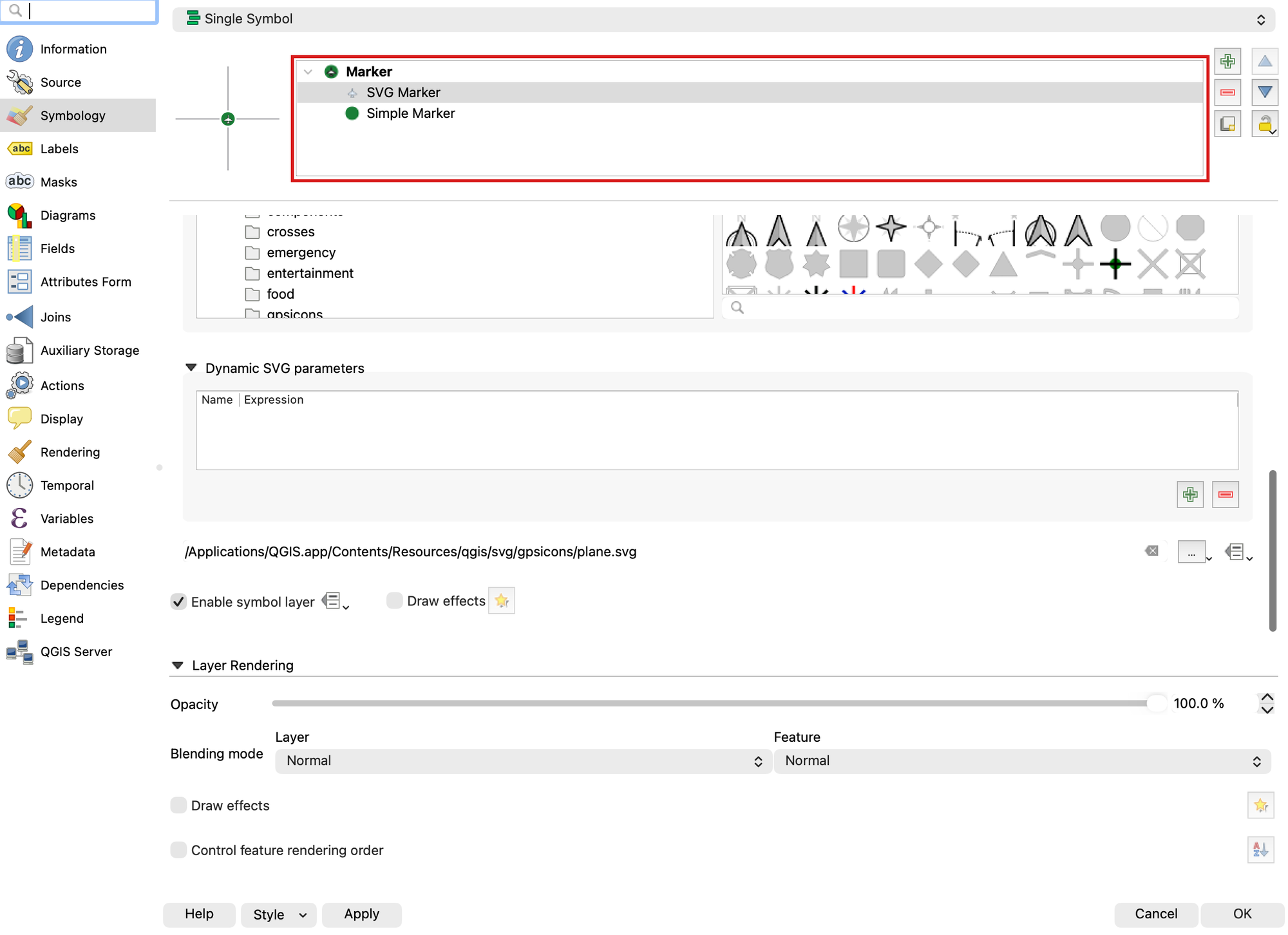 The same dialog with the SVG Marker layer selected, showing the symbol layer type dropdown and the SVG image browser