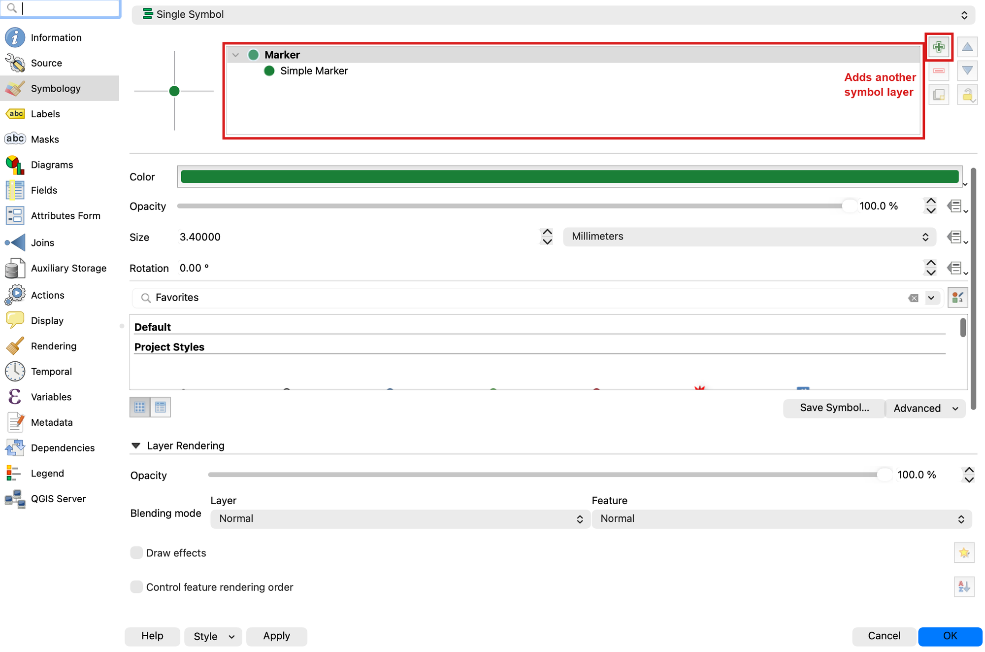 Layer Properties Symbology tab for the airports layer, with the symbol layer list and the green plus that adds another symbol layer