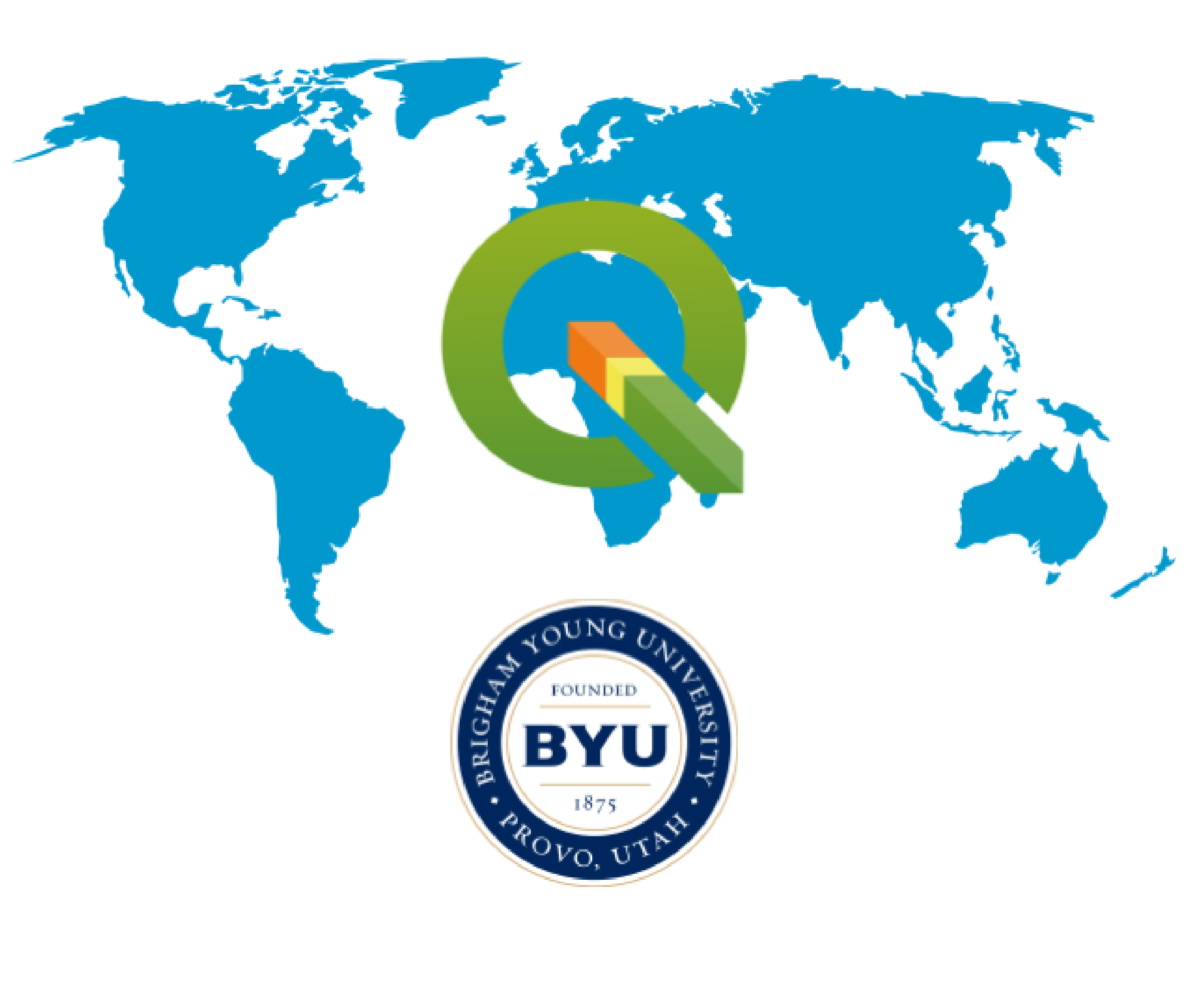 World map with QGIS and BYU logos