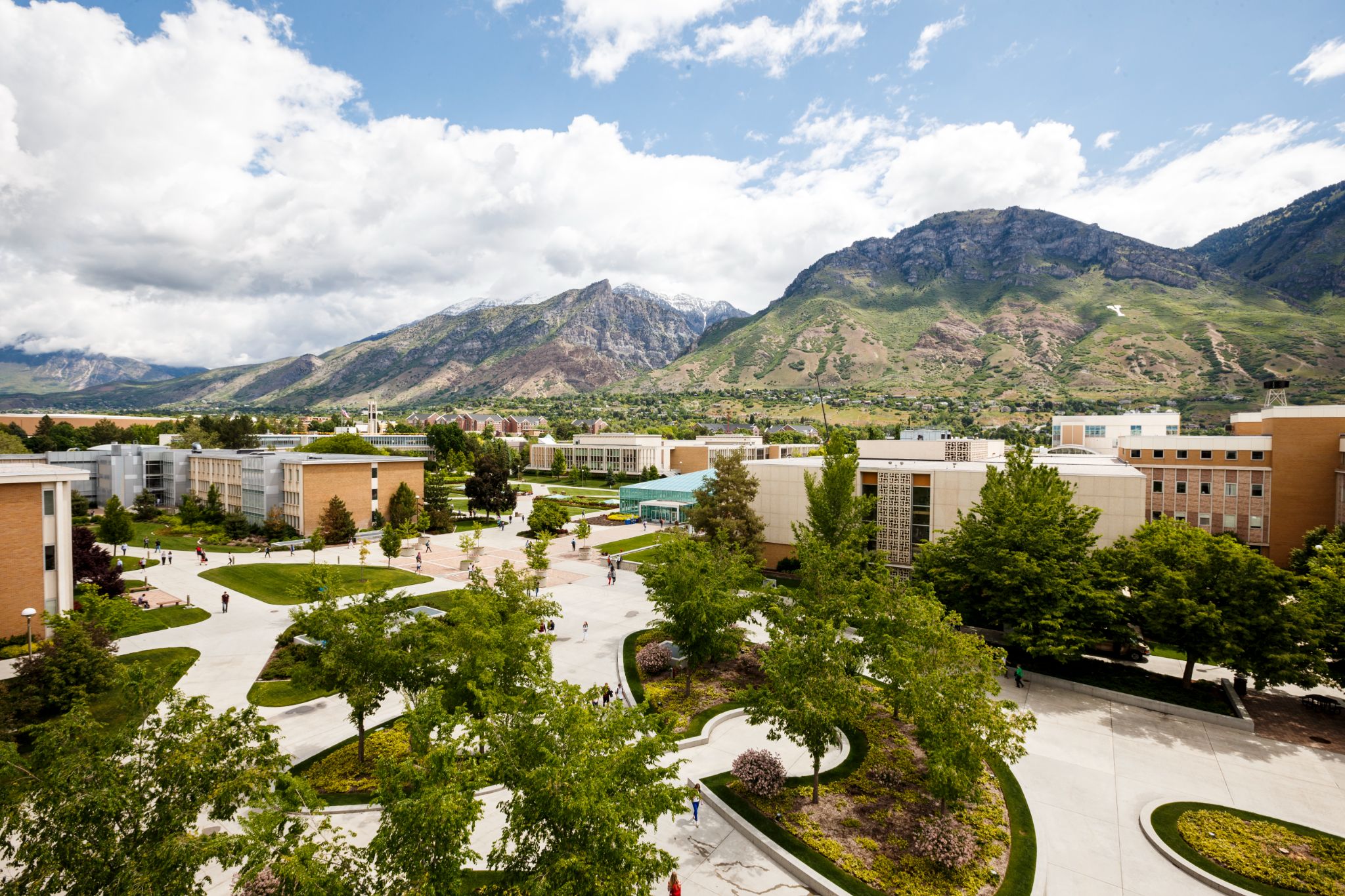 Aerial view of the BYU campus quad with the Wasatch mountains behind