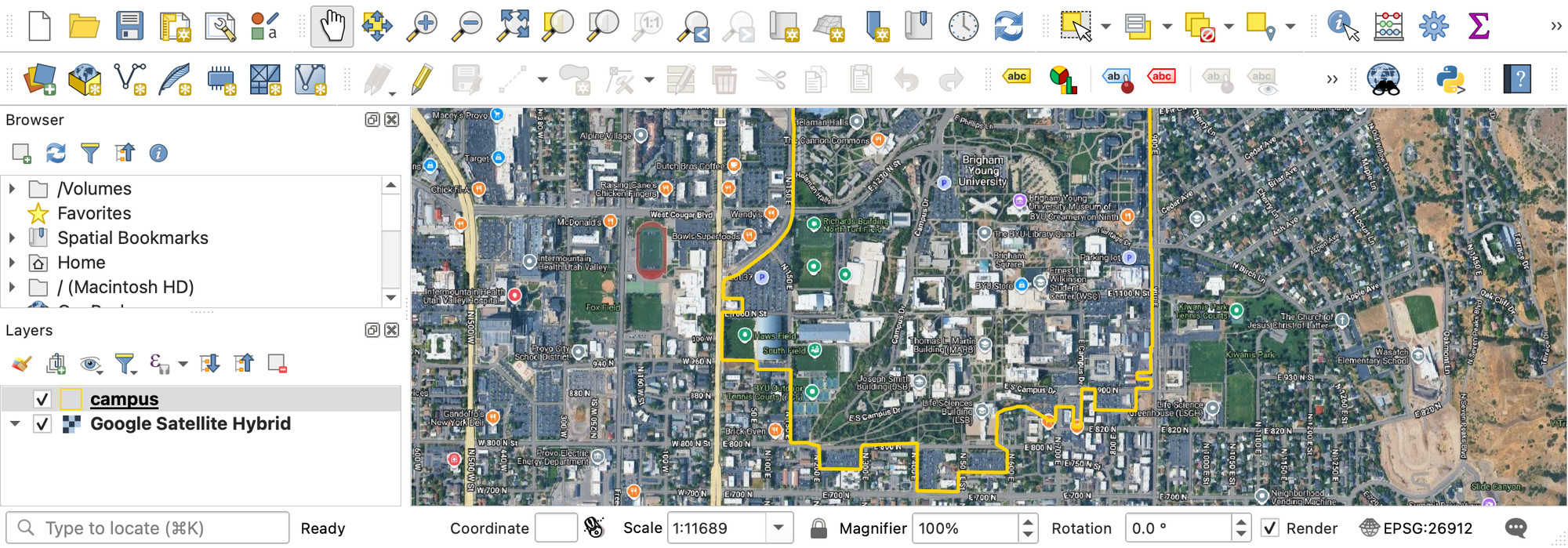 Example polygon drawn around the BYU campus over satellite imagery, following the surrounding roads
