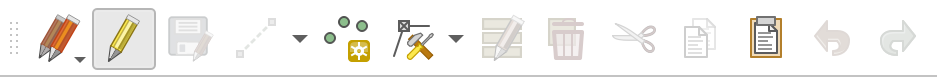 QGIS toolbars with the toggle editing pencil, save, Add Point Feature, and Move Feature buttons highlighted