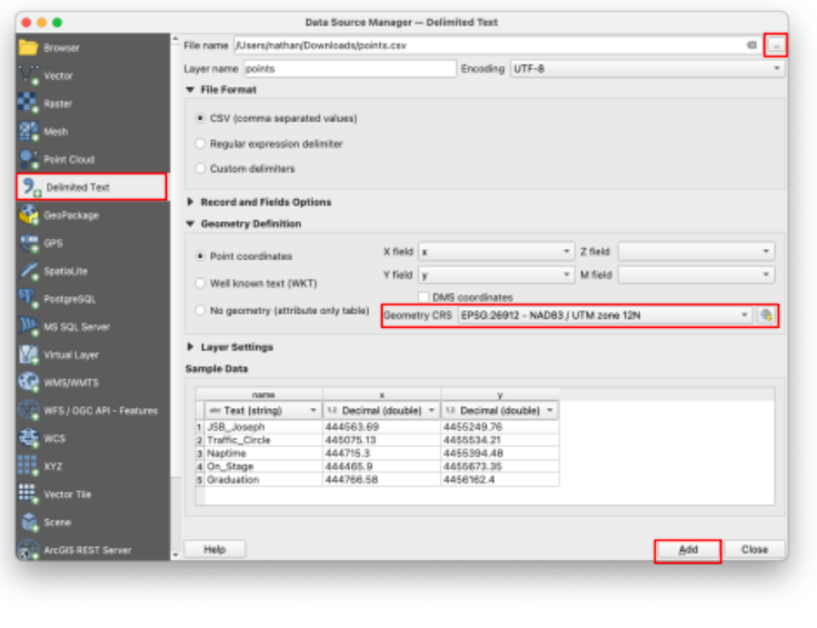 Data Source Manager Delimited Text tab with points.csv loaded and Geometry CRS set to EPSG:26912