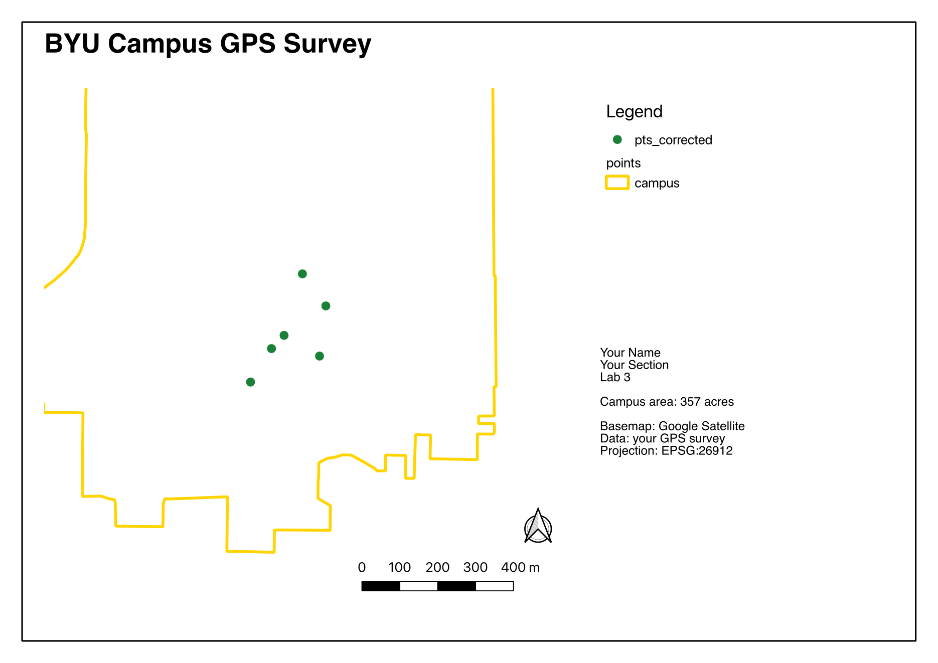 Example map layout titled BYU Campus GPS Survey with legend, points layers, campus boundary, north arrow, scale bar, citations, and a calculated campus area box