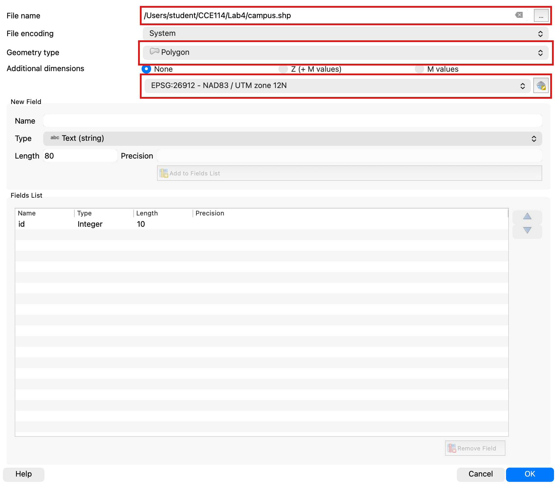 New Shapefile Layer dialog with campus.shp, Polygon geometry, and Project CRS EPSG:26912 highlighted