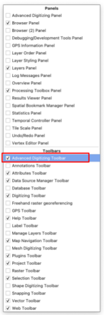 Panels and Toolbars list with Advanced Digitizing Toolbar checked and highlighted