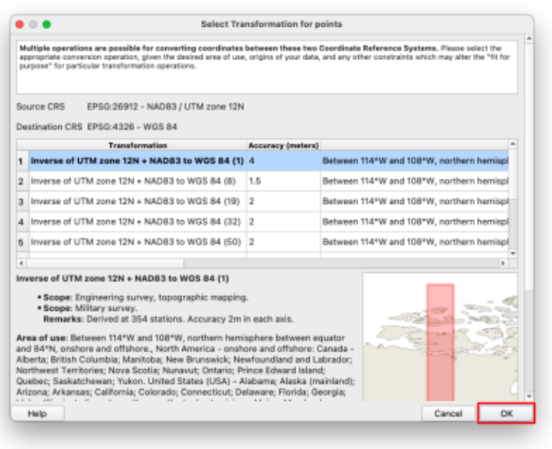 Select Transformation window with the OK button highlighted