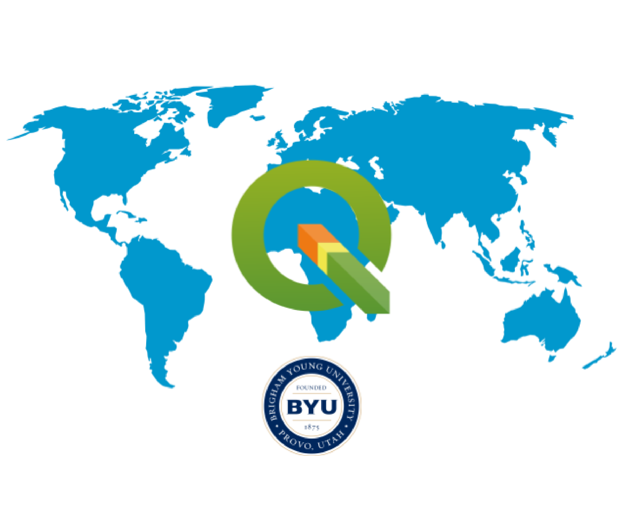World map with QGIS and BYU logos