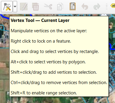 Vertex Tool tooltip over the map listing how to lock features and select, add, or remove vertices