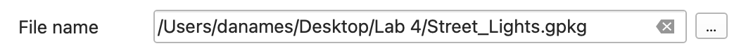 File name field showing a GeoPackage file path saved in the student's lab folder