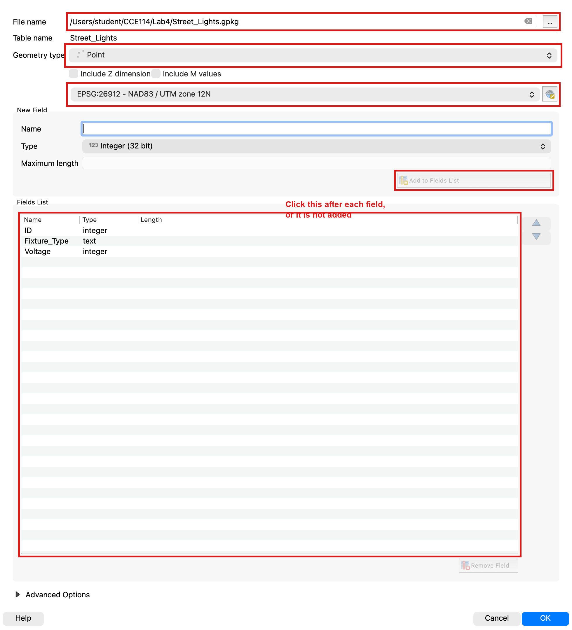 New GeoPackage Layer dialog for Street_Lights with Point geometry and a fields list of ID, Fixture_Type, and Voltage