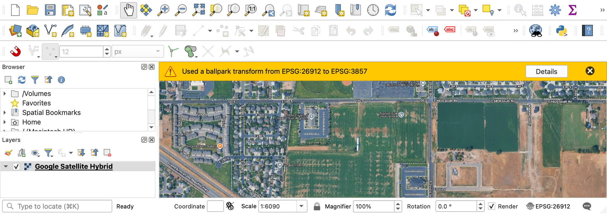 Aerial imagery of the empty lot at 100 South and 2550 East in Spanish Fork, highlighted in orange, south of Maple Mountain High School