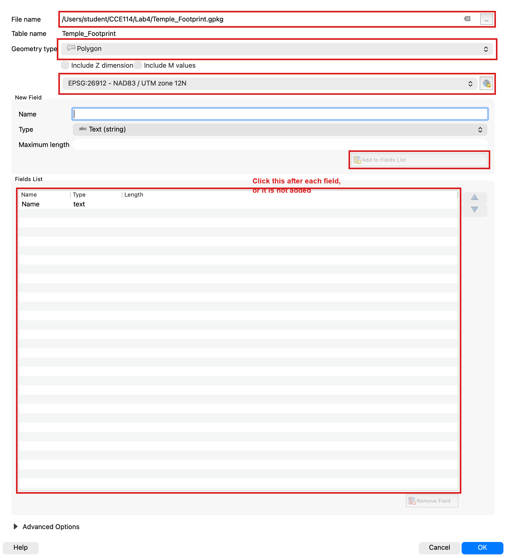 New GeoPackage Layer dialog for Temple_Footprint with Polygon geometry type, Project CRS EPSG:26912, and a Name text field in the fields list