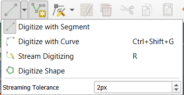 Digitizing toolbar dropdown showing Digitize with Segment, Digitize with Curve, Stream Digitizing, and Digitize Shape options