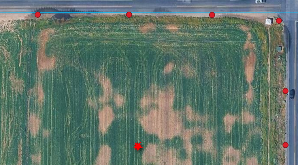 Example of street light points placed as red dots along the curb line at the edge of the field