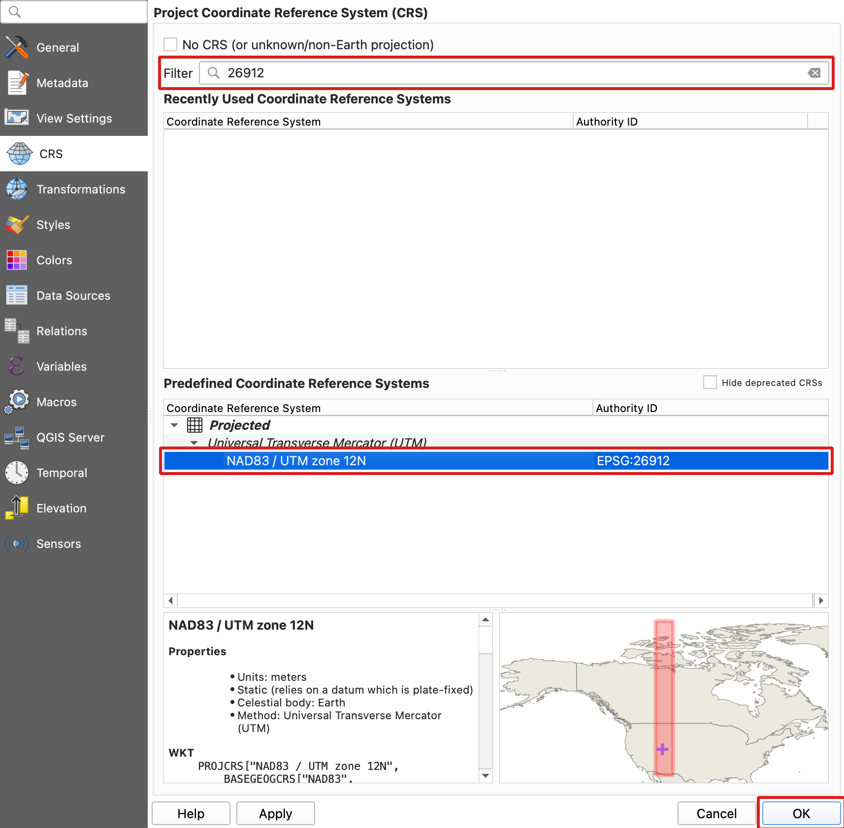 Project Properties CRS dialog with 26912 typed in the filter and NAD83 / UTM zone 12N selected