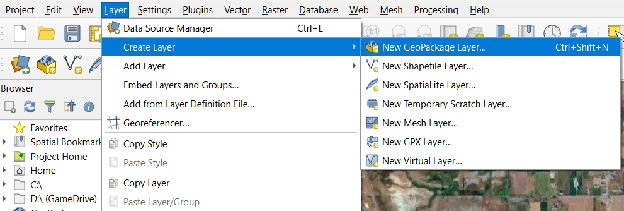 Layer menu open showing Create Layer and New GeoPackage Layer highlighted