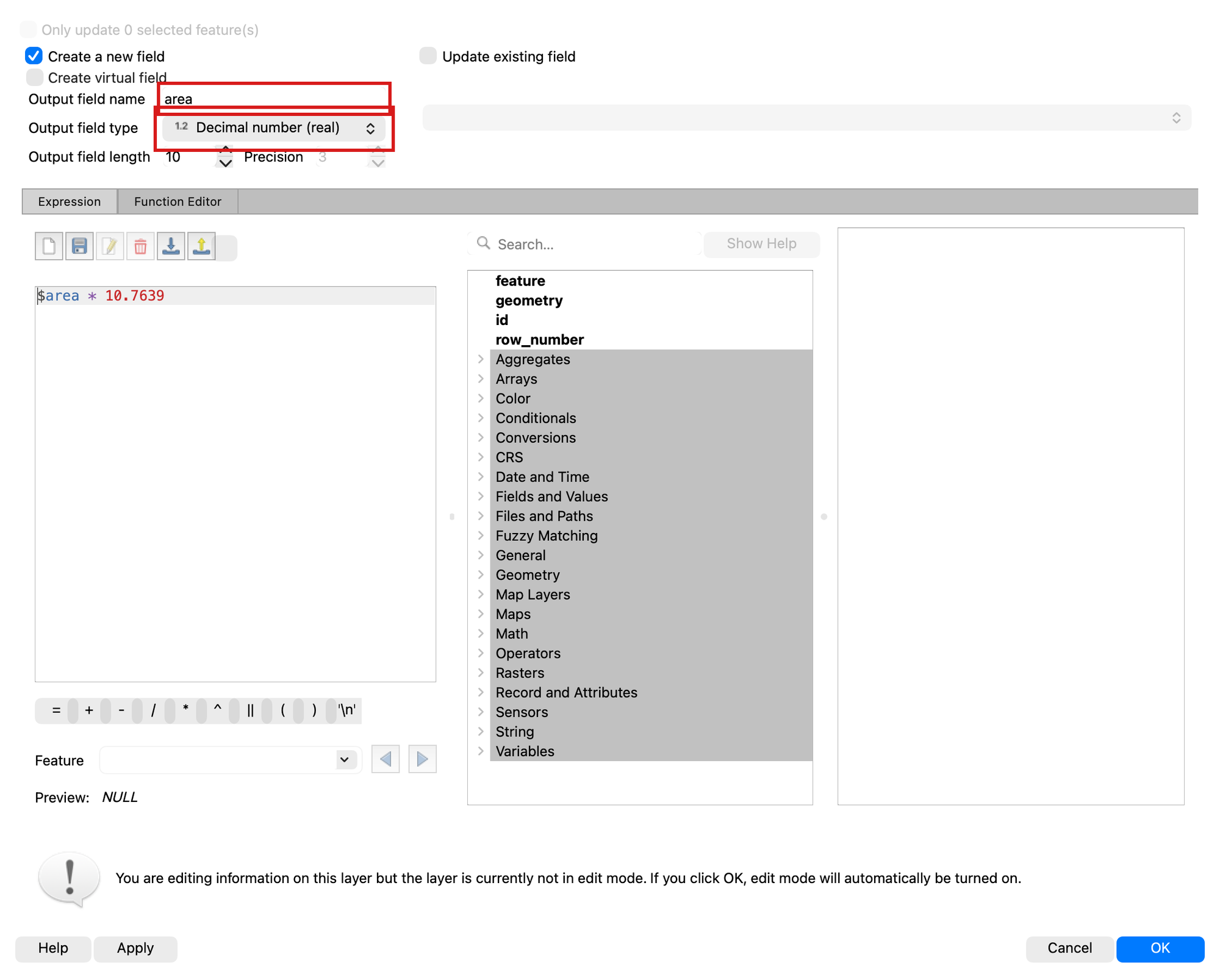 Field Calculator with the expression $area * 10.7639, output field name area, and output field type Decimal number (real)