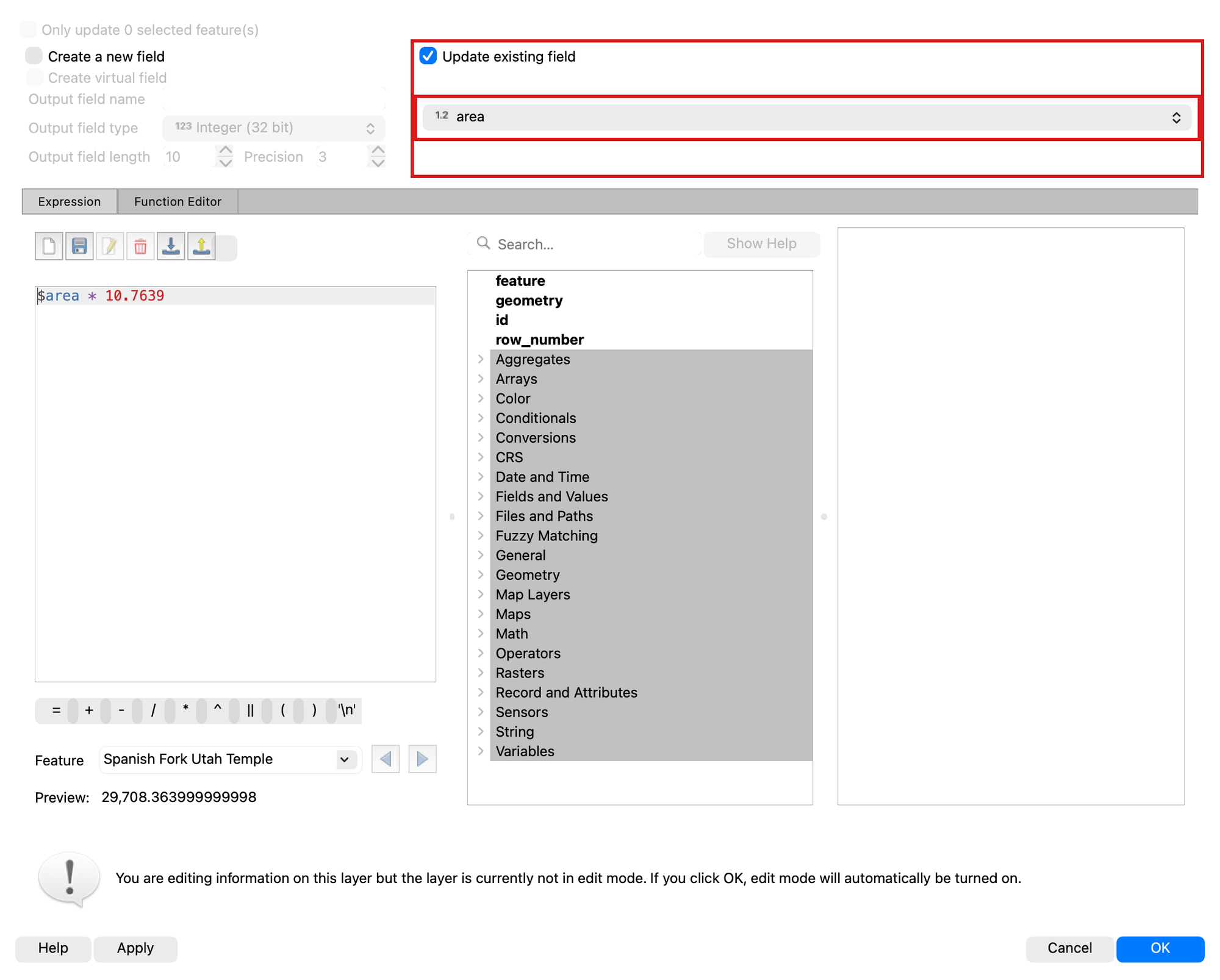 Field Calculator with Update existing field checked and the area field selected
