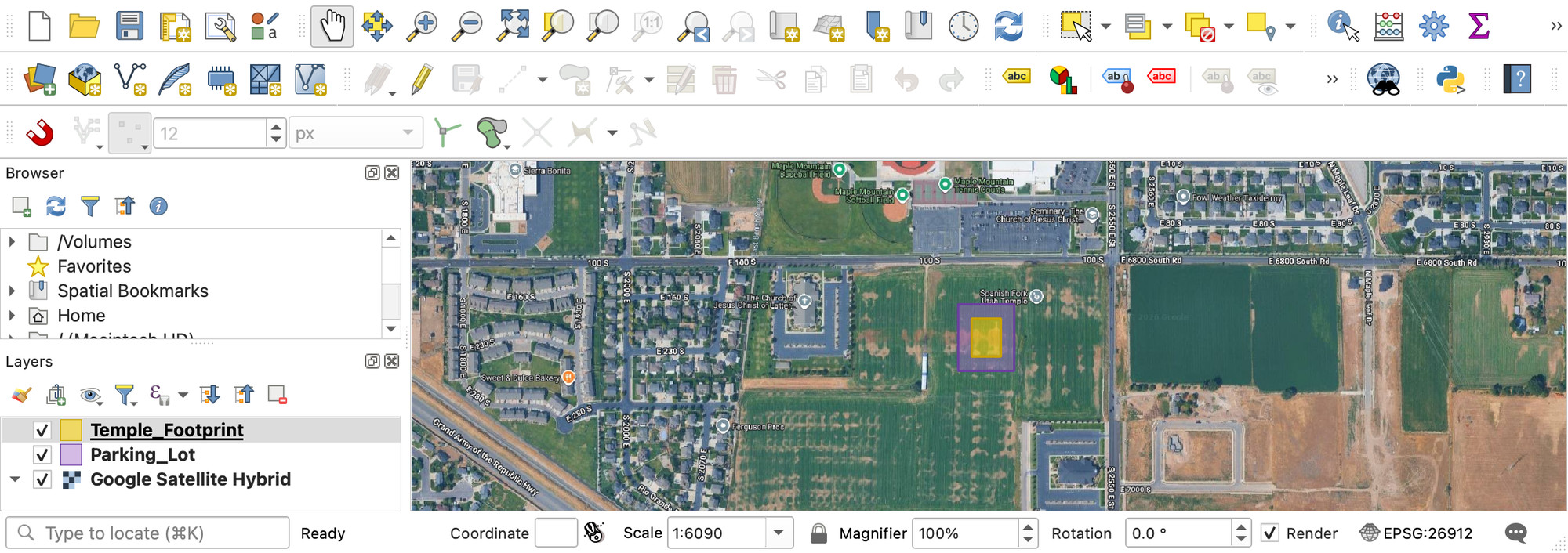 Example aerial view with a yellow temple footprint polygon inside a purple U-shaped parking lot polygon