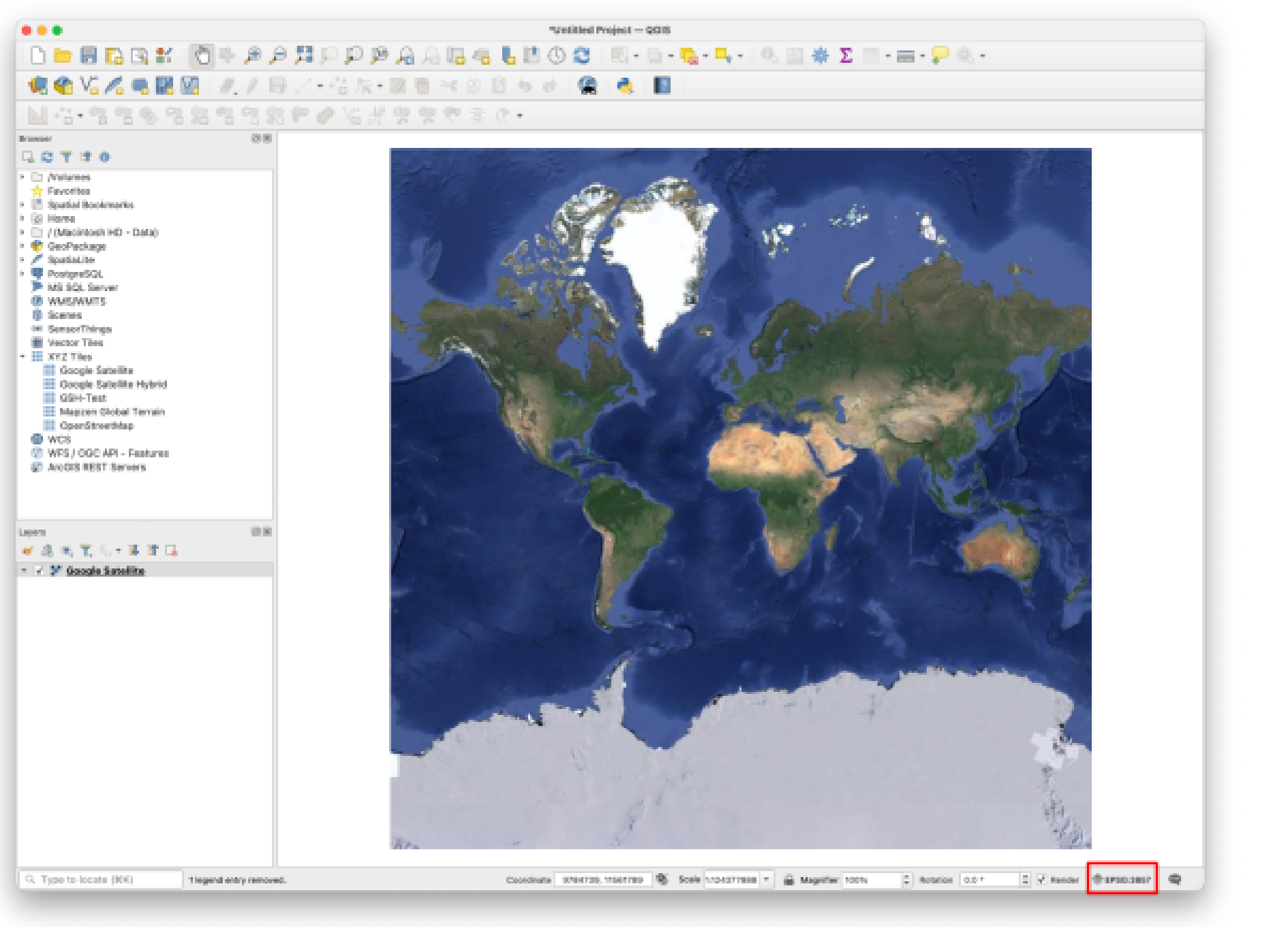 QGIS window with a Google Satellite base layer added and the CRS indicator highlighted in the bottom right corner