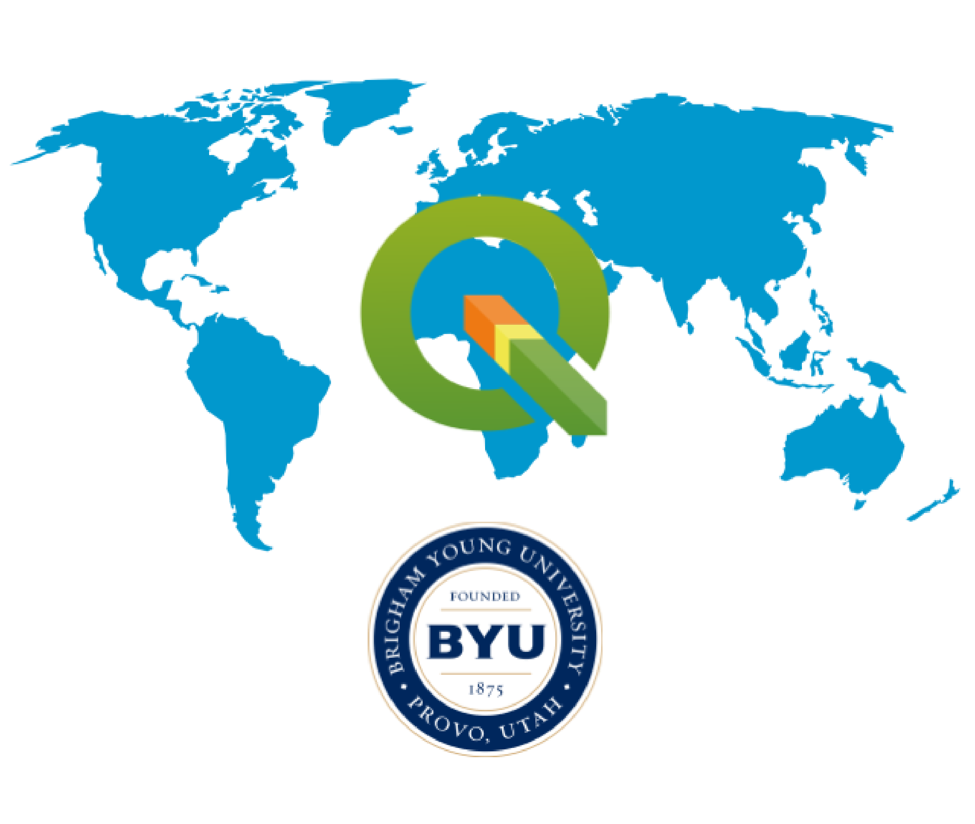 World map with QGIS and BYU logos