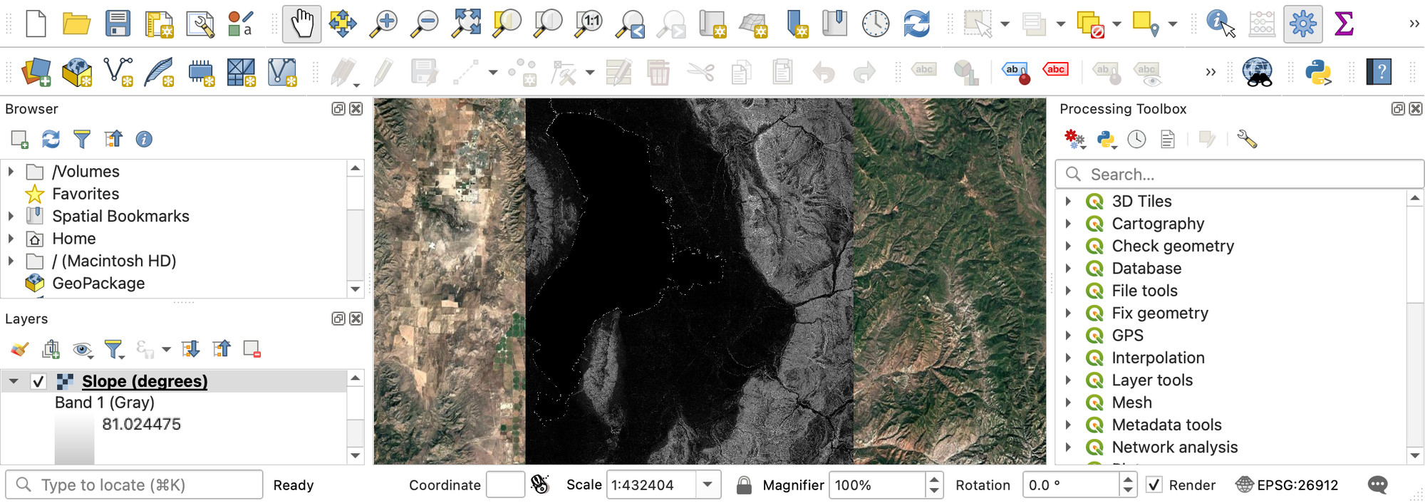 QGIS window showing the slope raster in grayscale over the satellite basemap, with flat Utah Lake and valley floor in black and steep mountain slopes in lighter grays