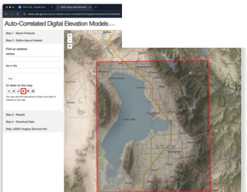 Auto-Correlated Digital Elevation Models web interface with the Draw Polygon tool highlighted and a red polygon drawn around Utah Lake and Provo