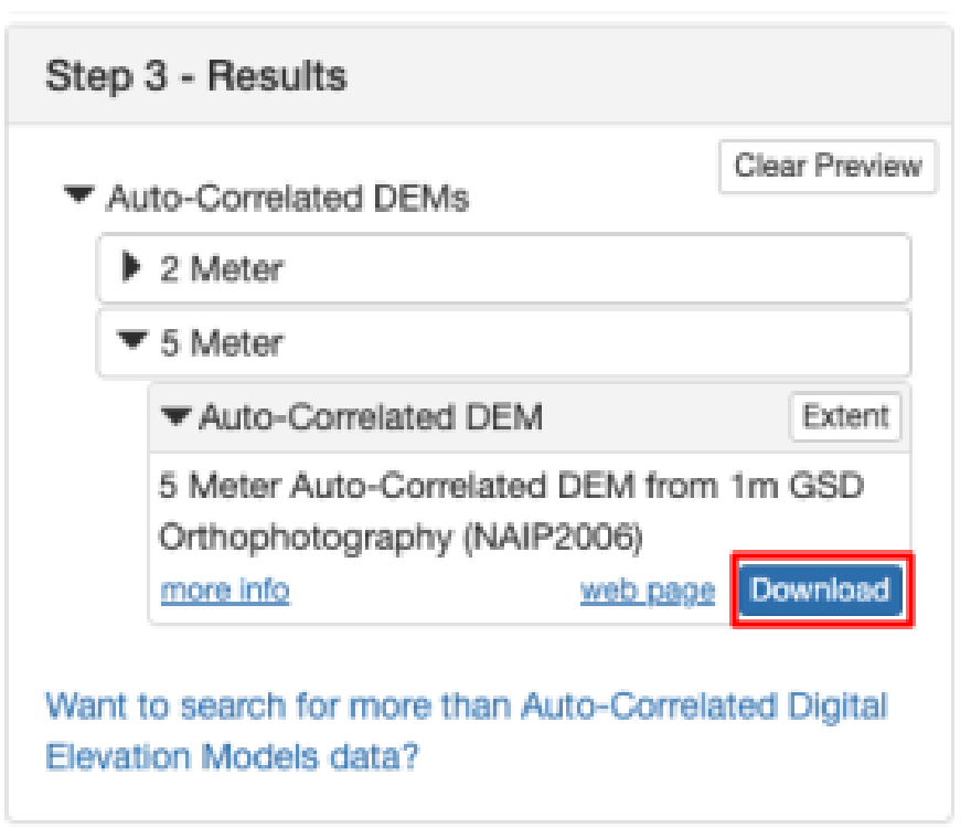 Step 3 - Results panel with the 5 Meter Auto-Correlated DEM expanded and its Download button highlighted
