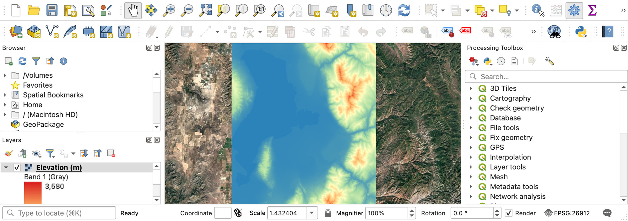 QGIS window showing the merged DEM rendered in a green-to-red singleband pseudocolor ramp over the satellite basemap