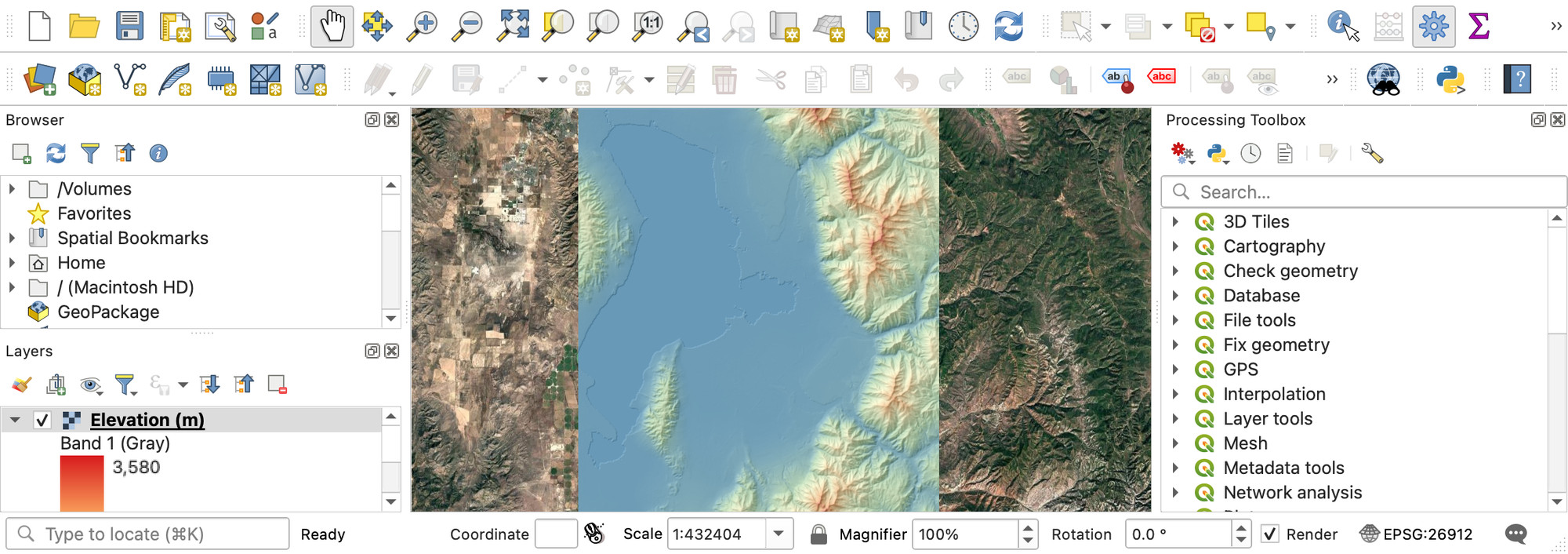 QGIS window showing the semi-transparent pseudocolor elevation layer combined with the hillshade layer, giving shaded 3D-looking terrain