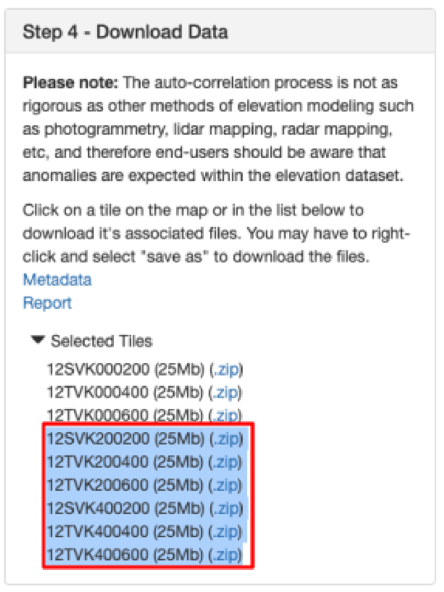 Step 4 - Download Data panel with the six selected DEM tiles and their .zip links outlined in red