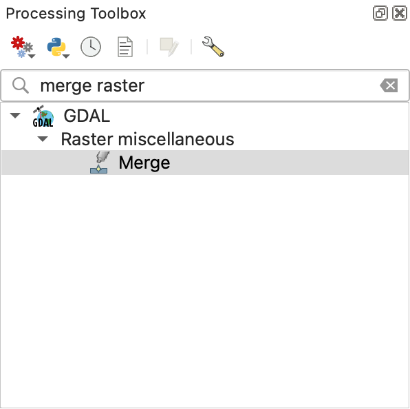 Processing Toolbox panel with “merge raster” typed in the search box and the GDAL Merge tool listed