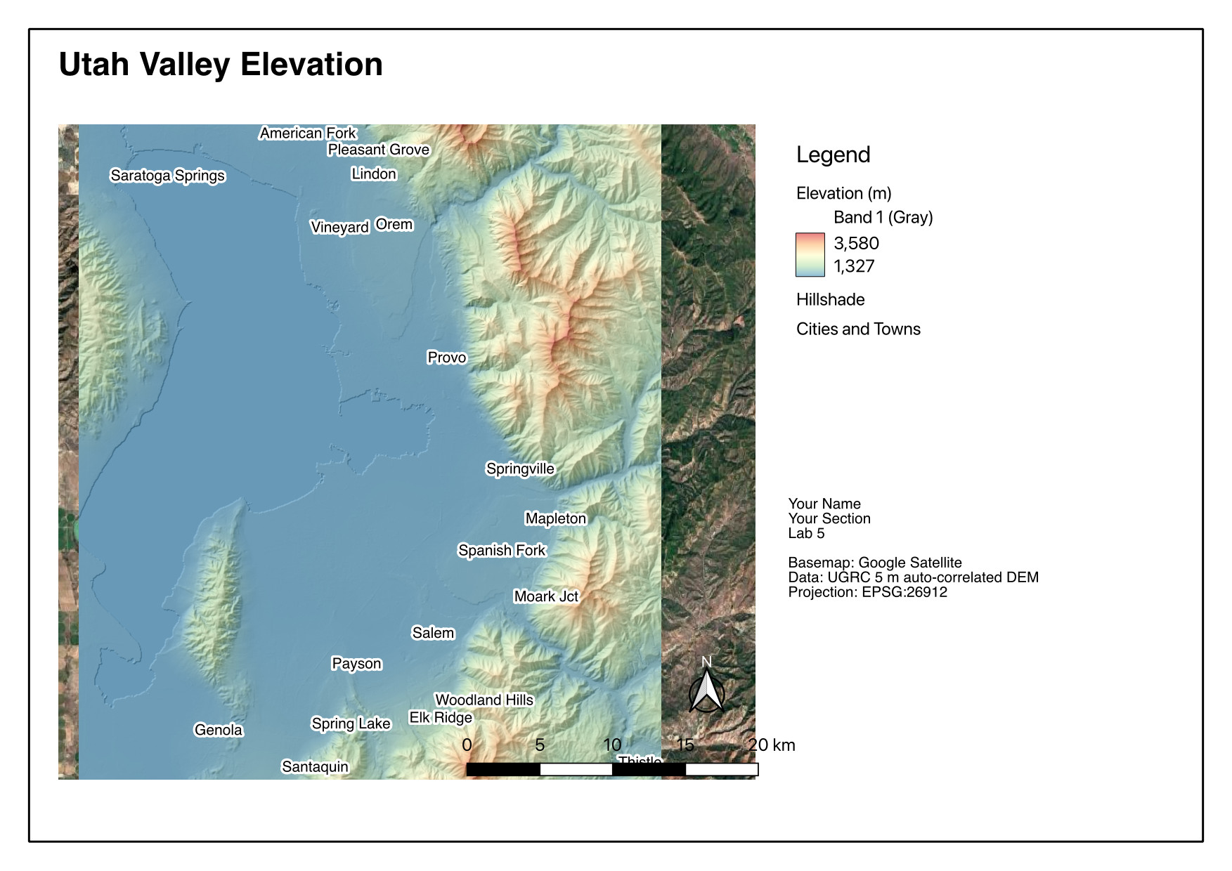 Example elevation layout titled “Utah Valley Elevation”, showing the pseudocolor elevation over hillshade with city labels, legend, north arrow, scale bar, and citations
