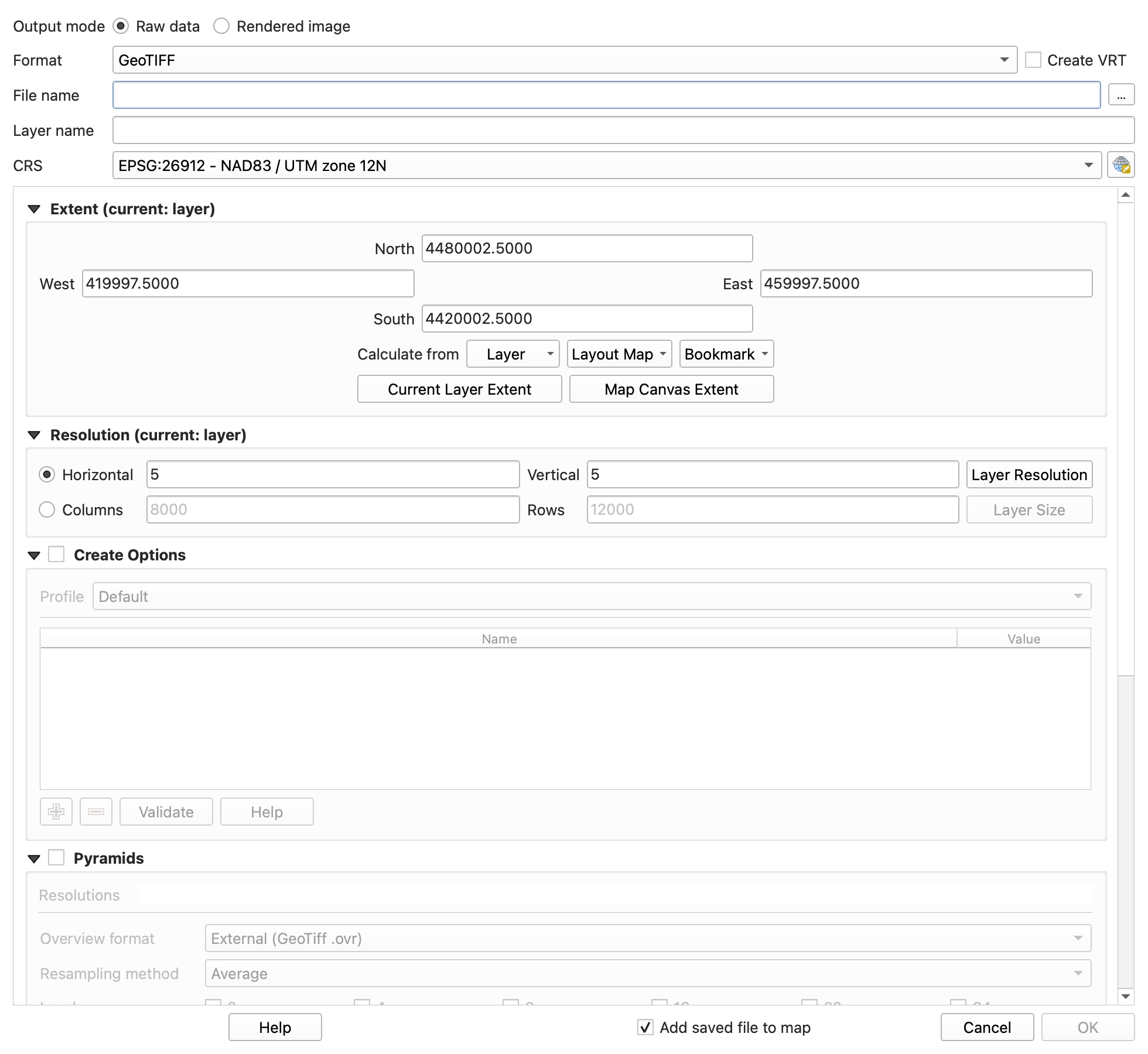 Save Raster Layer as dialog with the GeoTIFF format, file name, CRS, and unchecked “Add saved file to map” box highlighted in red