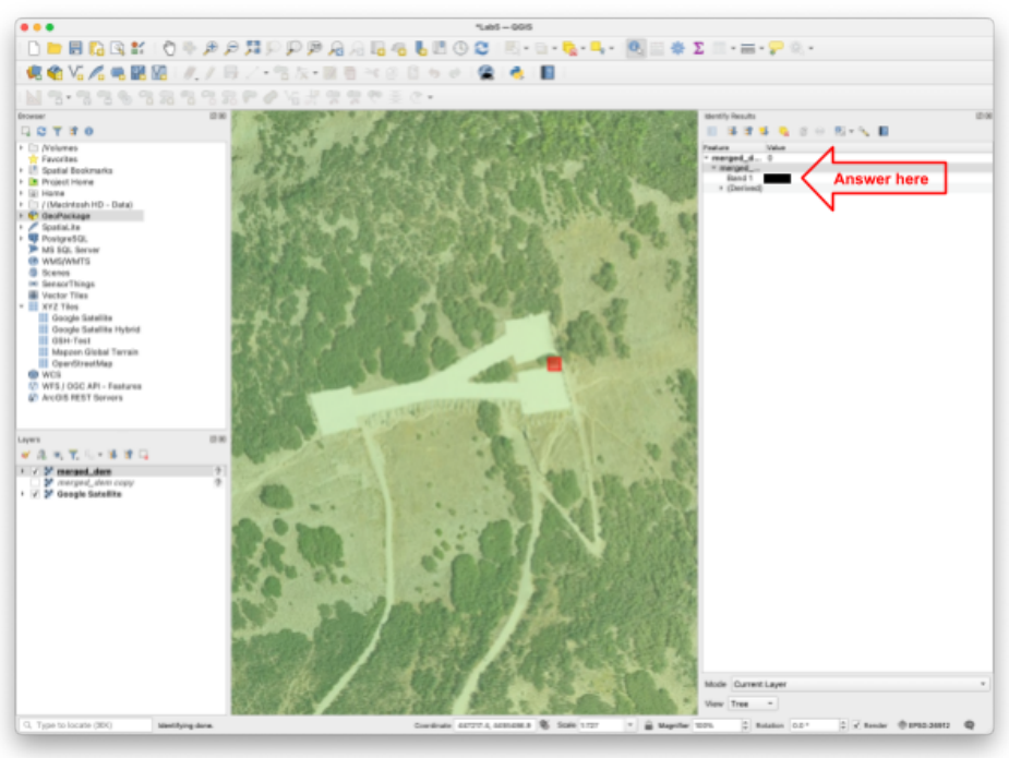 QGIS window zoomed to the Y on Y Mountain with the Identify Results panel open and a red arrow labeled “Answer here” pointing to the Band 1 value